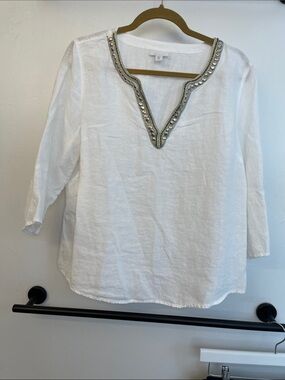 J. Jill White Linen Beaded V-Neck Tunic